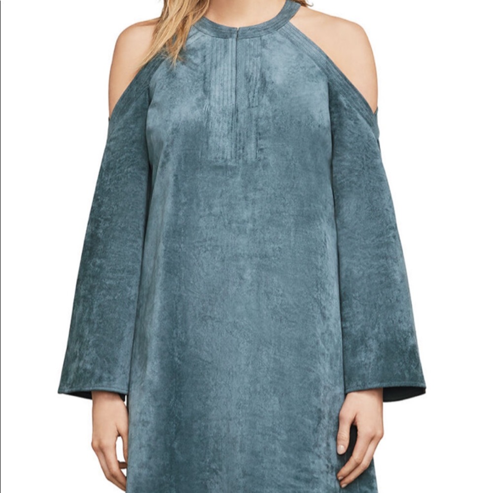 Bcbgmaxazria blue laguna suede cold shoulder dress
